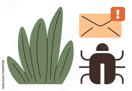 Email with alert icon, beetle representing a bug, and green foliage. Ideal for cybersecurity, digital safety, pest control, hacking prevention, online warning, data privacy simple flat metaphor