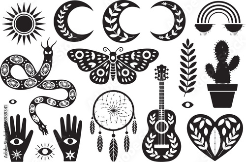 bohemian, mystical, symbols  sun, moon, snake, butterfly, cactus,