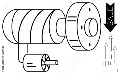 Mechanical motor with rotating drum, cable, small rotor, and downward sale arrow beside upward arrows. Ideal for engineering, manufacturing, energy, growth efficiency sales and innovation. Simple