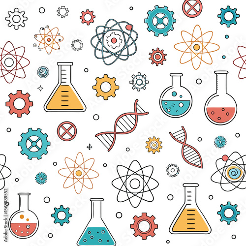 "Science and Technology Vector Pattern with Laboratory Flasks, Gears, and DNA Structures"