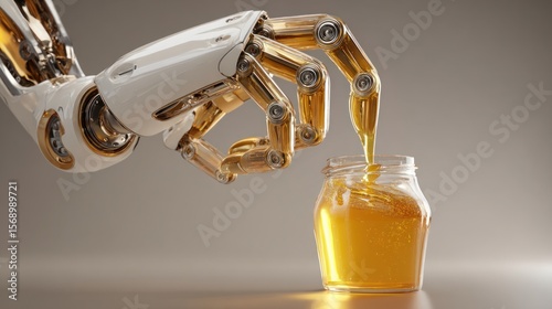 A robot hand pouring honey into a jar with golden liquid on a neutral background, close up view