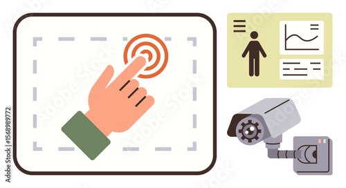 Finger touches target on screen, security camera, profile card with details and graphs. Ideal for security, ID verification, monitoring, privacy, technology access control data protection. Simple