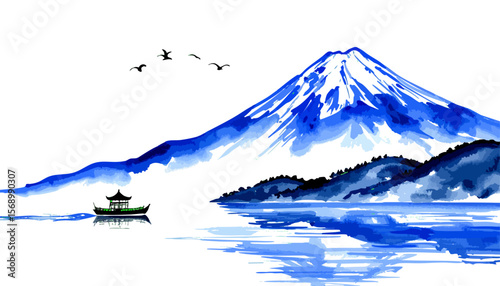 Vector illustration of snow-covered Mount Fuji and cherry trees against a clear blue sky.

