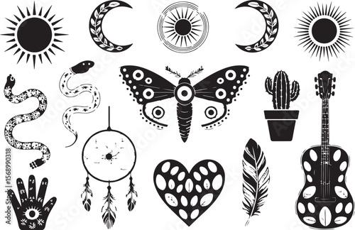  bohemian, mystical, symbols  sun, moon, snake, butterfly, cactus,