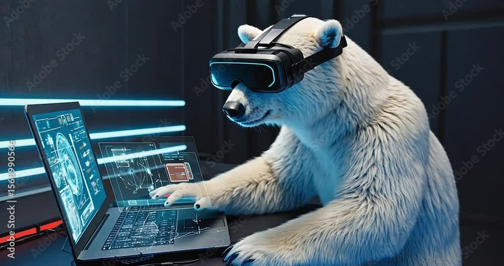 A polar bear wearing VR goggles, interacting with holographic displays on laptops in a futuristic, dark room