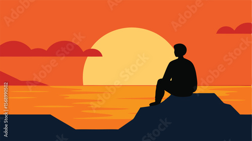 silhouette of a man sitting on a rock by the sea watching