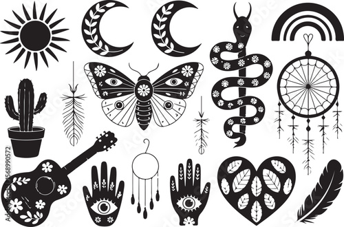  bohemian, mystical, symbols  sun, moon, snake, butterfly, cactus,