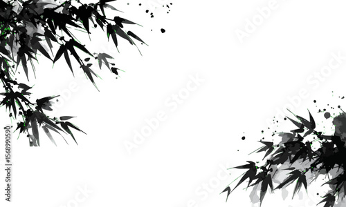 Grunge style bamboo frame with leaves and branches silhouette creates a natural design in black and white. Vector illustration.
