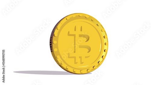 A single bitcoin coin standing on its edge with a slight shadow on a white background image view