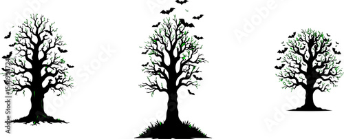 Vector silhouette of a tree in winter with dry branches and visible roots