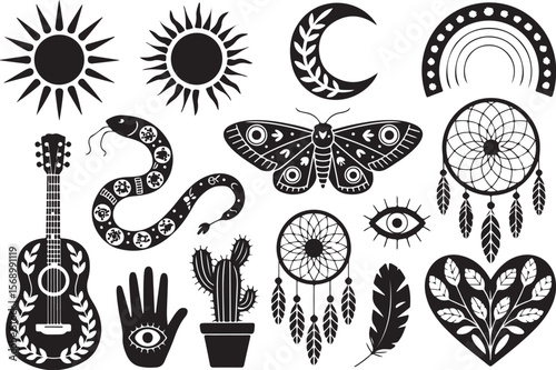  bohemian, mystical, symbols  sun, moon, snake, butterfly, cactus,