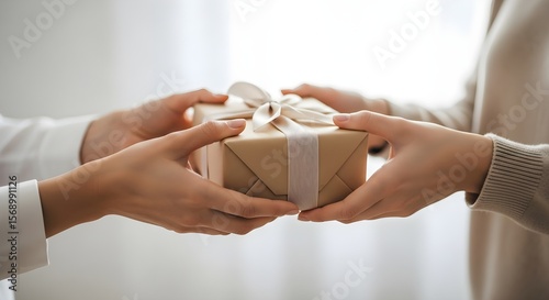 Exchanging a gift: Two hands passing a wrapped present with a satin ribbon