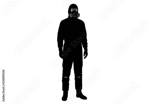 Silhouette of a person wearing a hazmat suit with a gas mask standing against a white background