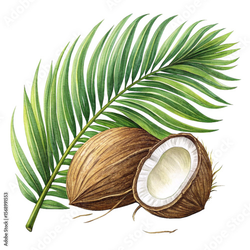 Palm frond with realistic texture and coconut half for tropical freshness and organic vibe