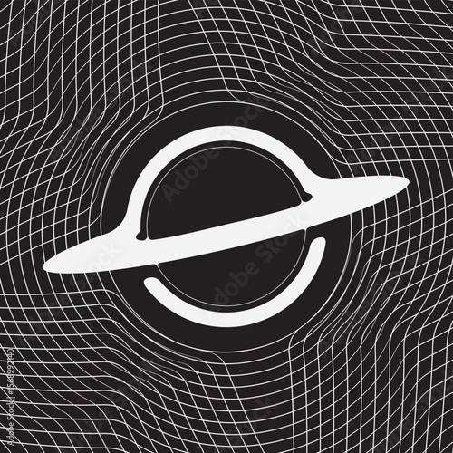 Vector minimalist logo with black hole or planet with rings and gravity waves on the theme of space, astronomy, astrophysics and universe. T-shirt design, logo, label. Not used aI