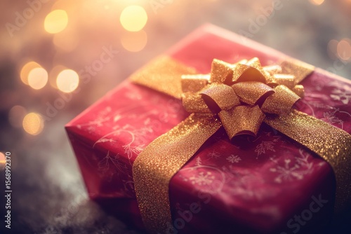 Spotlight on elegant red present with gold bow, soft light flares and festive bokeh, Christmas feel