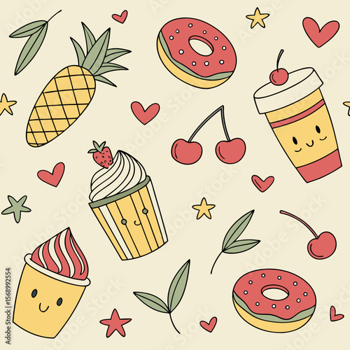 Seamless cupcake and cherry pattern with sweet dessert illustrations for bakery and food design