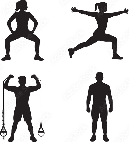 Fitness Silhouettes Workout Poses for Exercise, Training, and Gym Illustrations