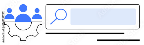 Group of three people in gear shape symbolizing teamwork and settings alongside a search bar with magnifying glass. Ideal for teamwork, leadership, search tools, data analysis, user interface