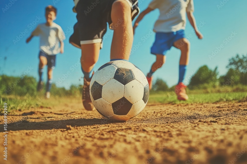 Fototapeta premium Soccer fun among young friends, dirt field, sneakers and energy, friendship theme