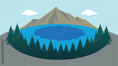 crater lake formed in an ancient volcano surround landscape vector illustration
