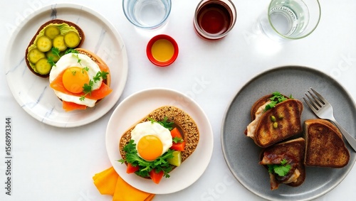 Wallpaper Mural Gourmet open faced sandwiches with fried eggs and smoked salmon Torontodigital.ca