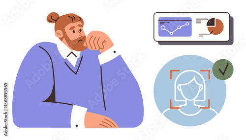 Thoughtful man sitting with hand on chin, chart displaying analytics and recognized profile with approval mark. Ideal for technology, analysis, AI, biometrics, decision-making, research, innovation