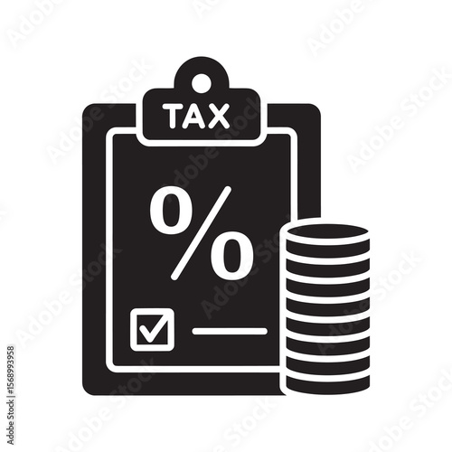 Tax calculation clipboard with percentage sign checkmark and coins for financial rate computation discount calculation and accounting tasks vector solid glyph icon