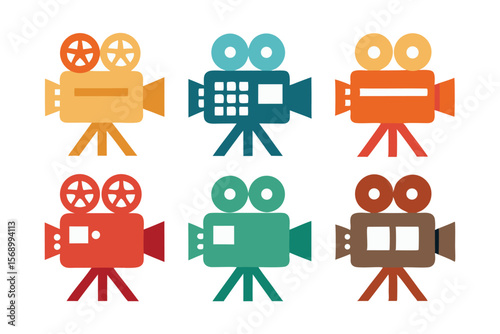 Set of a retro movie camera with a tripod minimalist flat design vector illustration on white background