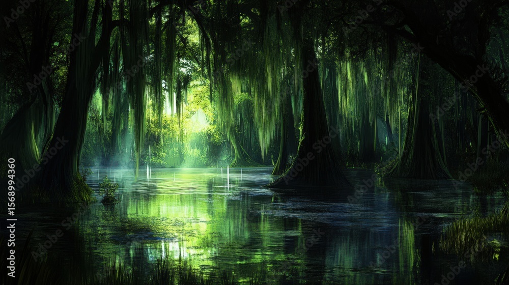 Obraz premium Lush swamp forest scene with calm water.