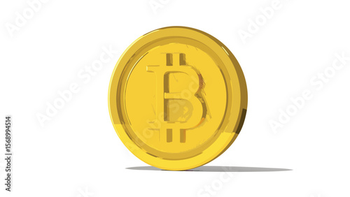 A single bitcoin coin standing upright casting a shadow on a white background in a digital rendering