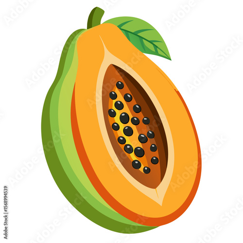 Ripe Papaya with Black Seeds on Clean White Background