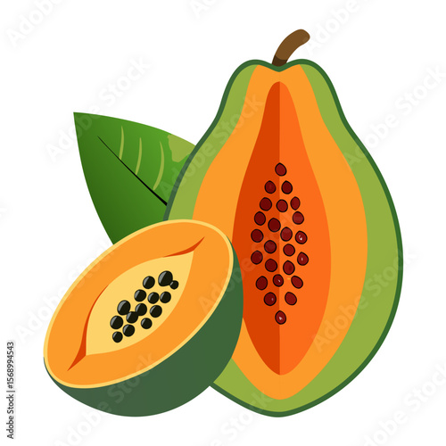Ripe Papaya with Black Seeds on Clean White Background