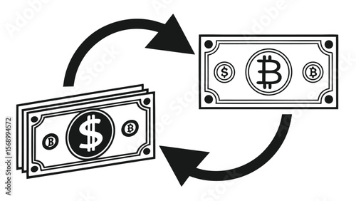 Currency exchange illustration showing dollar bills converting into bitcoin and back again in black and white