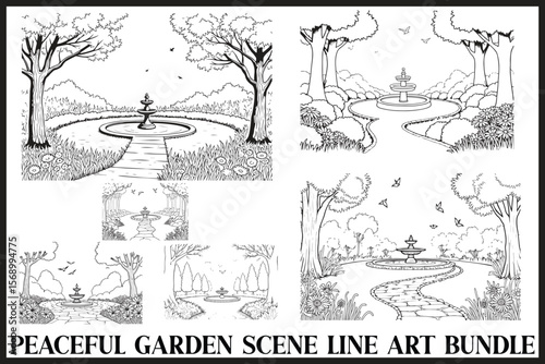 Serene Garden Scene Line Art Set