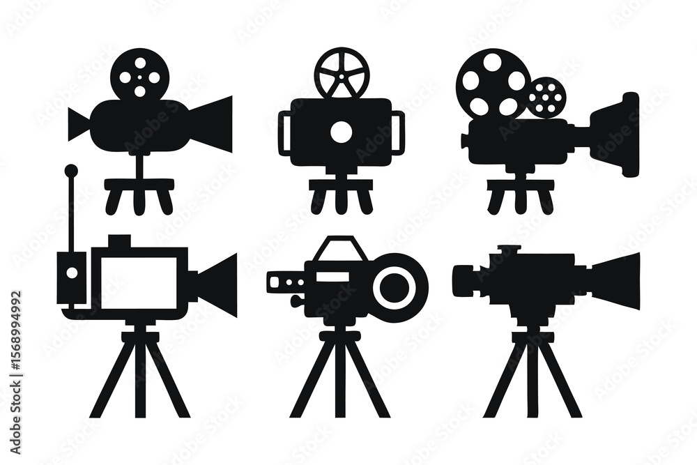 Obraz premium set of movie cameras black silhouette icon on white background