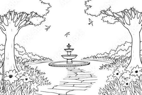 Serene Garden Scene Line Art Set