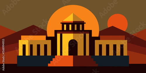 Taj Mahal vector illustration: A religious architectural silhouette at sunset, ideal for travel and city-themed designs