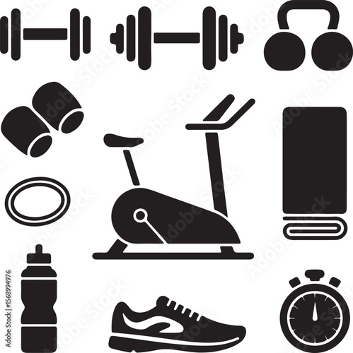 Fitness Equipment Icons Dumbbells, Exercise Bike, Kettlebells, and More
