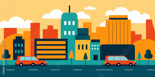 Dynamic urban cityscape at night with city skyline, buildings, and cars on the street, showcasing modern architecture and bustling transportation
