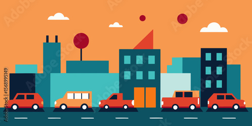 Cartoon vector illustration of a bustling city at night with cars and buildings on the urban street