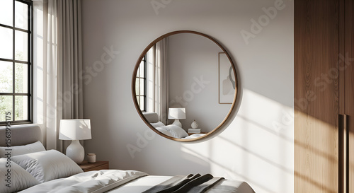 A simple rounded mirror with wooden frame, centered on bedroom with calm light