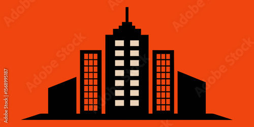 Urban cityscape silhouette with towering office buildings and industrial factories
