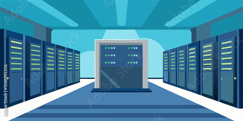 An urban server room with rows of server racks and a blue sky design