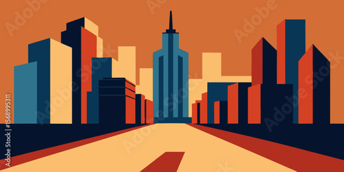 Dynamic city skyline at dusk with towering skyscrapers and urban architecture, capturing the vibrant metropolis