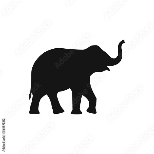 Silhouette of an elephant walking with its trunk raised, isolated on white background.
