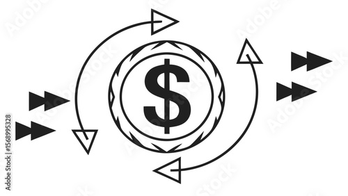Dollar sign in a circle with arrows indicating money flow and forward motion on a white background