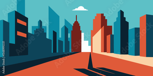 Urban highway at sunset leading to a city skyline with towering skyscrapers and modern architecture