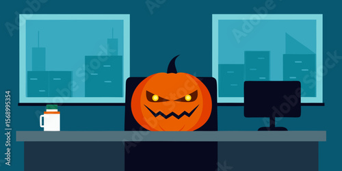 Spooky Halloween jack-o'-lanterns, with evil carved faces and an orange autumn glow, decorate a window and a festive holiday background