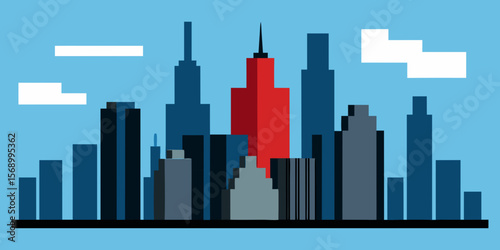 City skyline vector illustration: urban silhouette of towering skyscrapers and buildings reflected in the water, perfect for business and travel designs